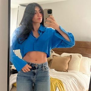 Bright blue cropped button up